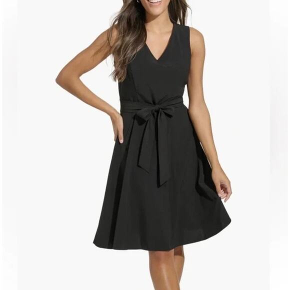 CALVIN KLEIN | Navy Blue Tie Waist A Line V Neck Sleeveless Dress | Size 14 - Picture 1 of 6
